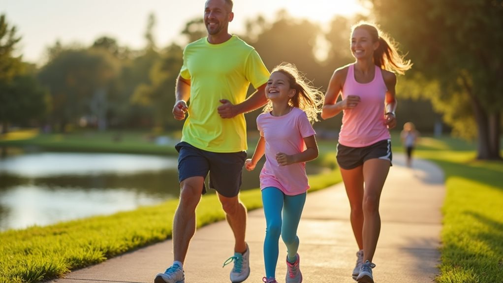 Family jogging together in a scenic park, promoting wellness and active living in Lakewood Ranch community.