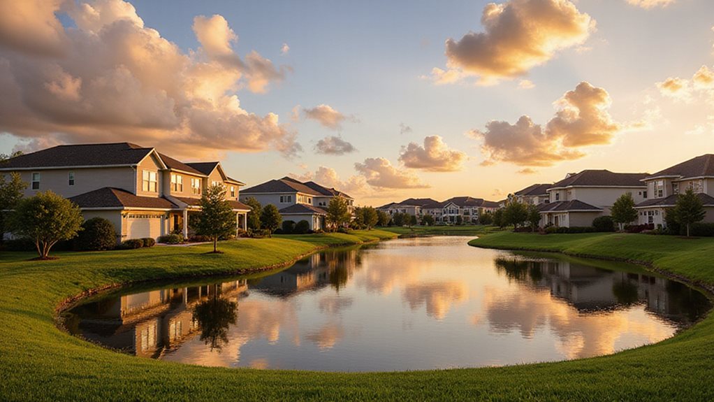 Diverse homes reflecting family-friendly community in Lakewood Ranch, surrounded by serene lakes and lush green spaces at sunset.