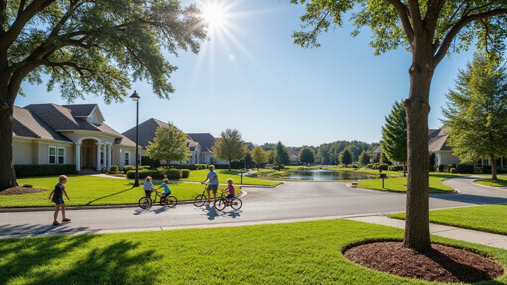 Families enjoying a peaceful neighborhood bike ride along a scenic lakeside street in Lakewood Ranch, Florida, with lush green lawns and sunny skies.