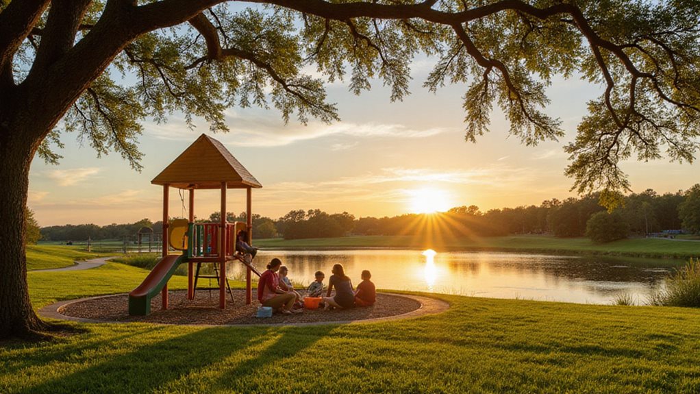 Children playing at a colorful playground near a serene lake at sunset, surrounded by lush greenery, highlighting family-friendly outdoor recreation in Lakewood Ranch.