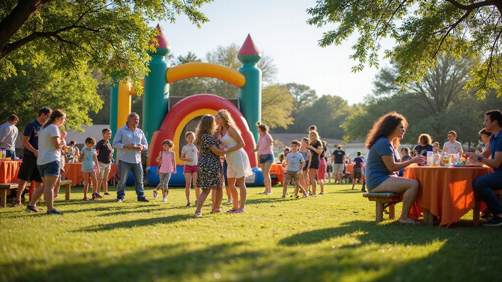 Vibrant community gathering with families and children enjoying activities, including a bounce house, outdoor tables, and social interactions in a park setting.
