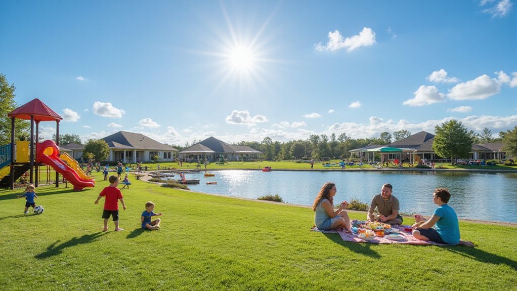 Family enjoying a picnic by the lake in a vibrant park, with children playing on a playground and engaging in outdoor activities, emphasizing community and family-centric experiences in Lakewood Ranch.