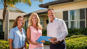 Confident Sarasota real estate agent with clients, discussing home selling strategies in a vibrant neighborhood setting.