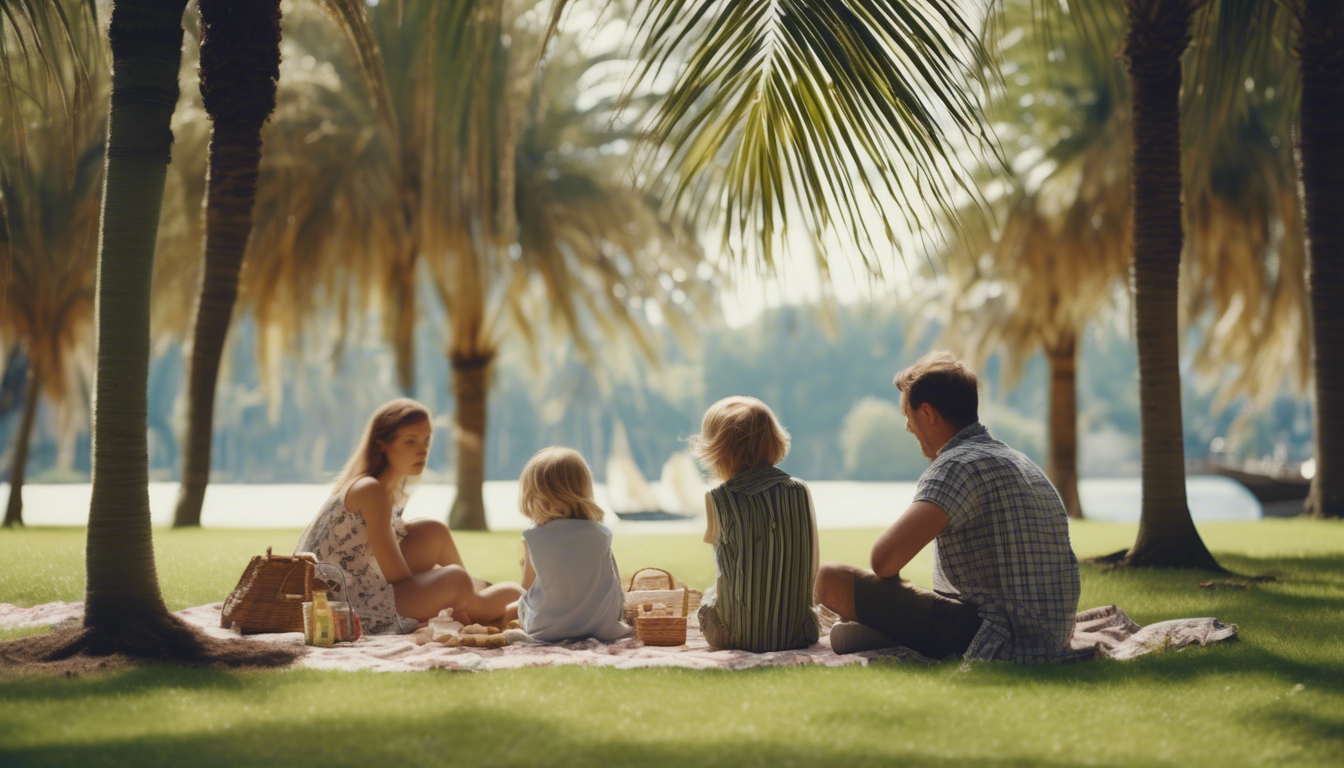 Family of four enjoying a picnic on a blanket in a lush green park, surrounded by palm trees and near a serene body of water, reflecting the family-friendly lifestyle of East Bradenton.