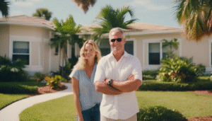 Couple smiling in front of a well-maintained Sarasota home, showcasing the inviting neighborhood and modern amenities relevant to the local real estate market.