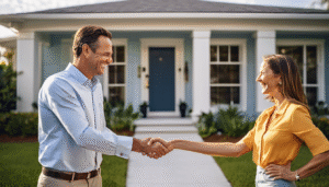 Real estate agent shaking hands with a client in front of a charming Sarasota home, illustrating successful negotiations in the local housing market.
