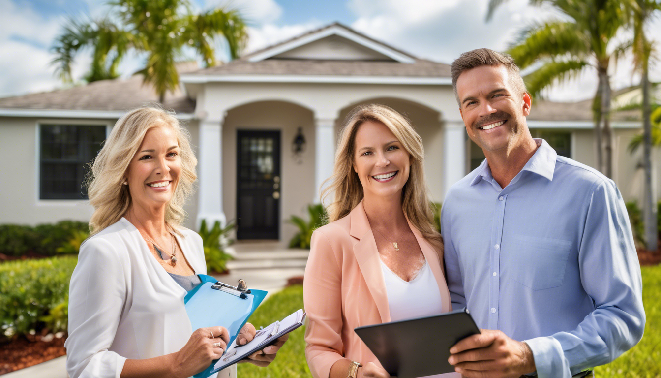 Confident Sarasota real estate agents smiling in front of a home, holding clipboards and a tablet, emphasizing local expertise in pricing homes to sell effectively.