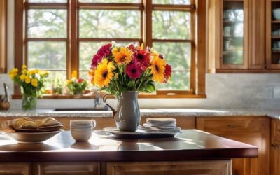 Brightly colored bouquet of flowers in a vase on kitchen island, surrounded by plates and a bowl of pastries, with sunlight streaming through windows, emphasizing a welcoming home environment for potential buyers.