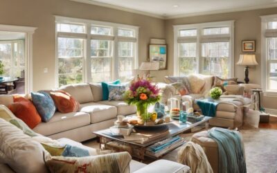 Bright and inviting living room with large windows, comfortable sofas adorned with colorful pillows, a coffee table with floral arrangement, and warm lighting, showcasing a welcoming atmosphere for potential homebuyers.