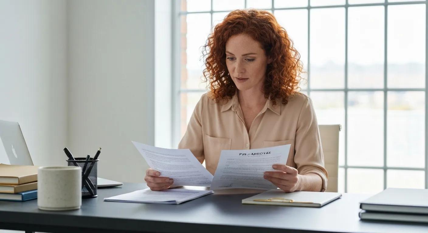 Person reviewing mortgage documents and pre-approval letter at a desk, emphasizing financial readiness