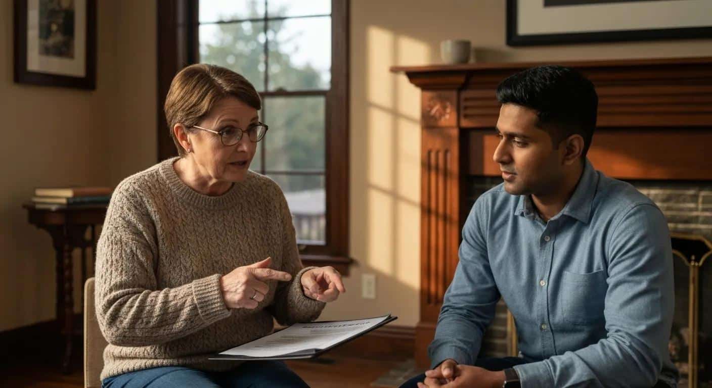 Homeowner discussing cash offer with a buyer in a cozy living room