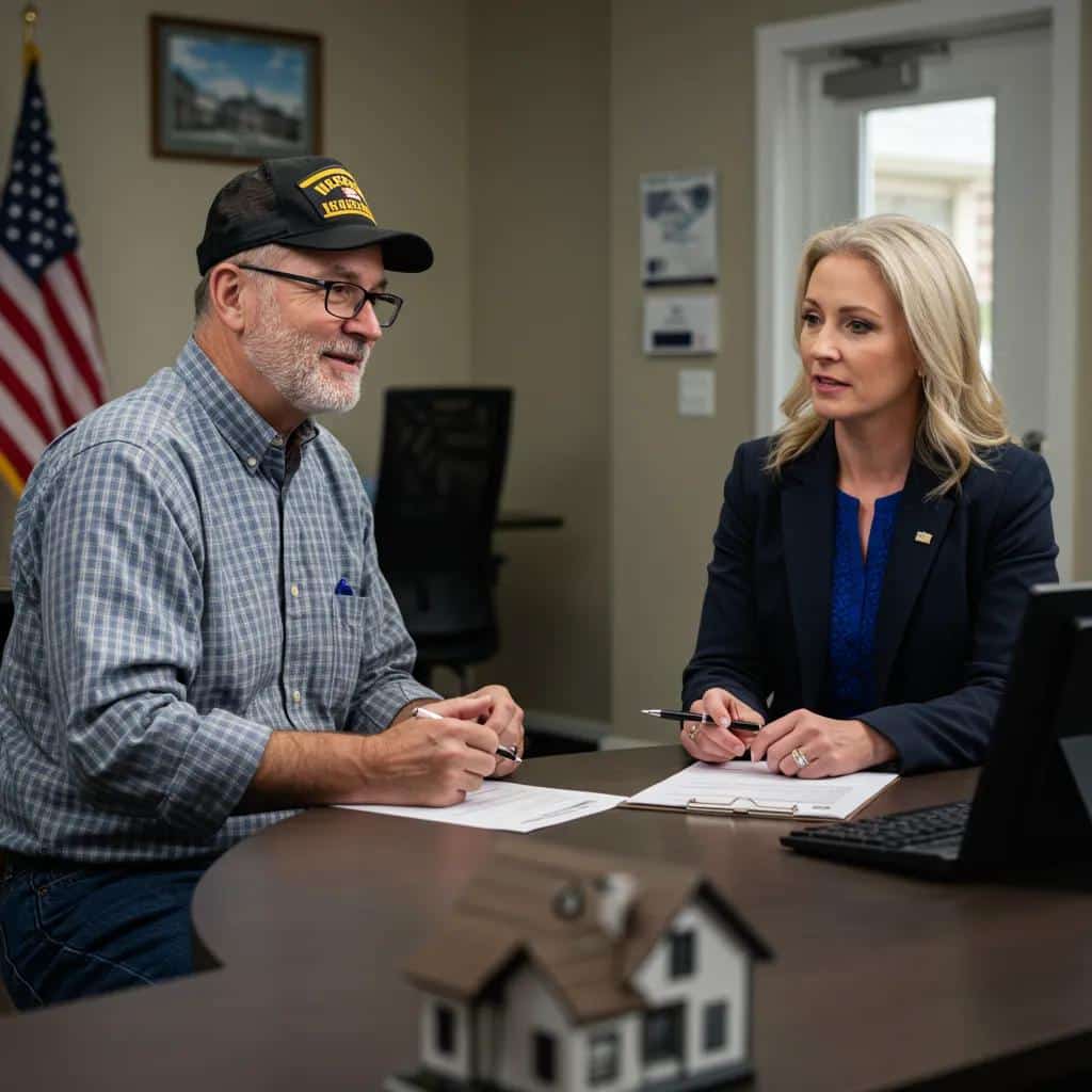 Veteran discussing VA loan benefits with a real estate agent in a welcoming office, emphasizing personalized guidance