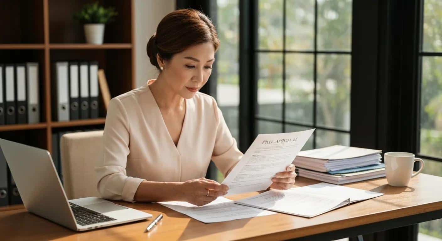Person reviewing mortgage documents and pre-approval letter at a desk, emphasizing financial readiness
