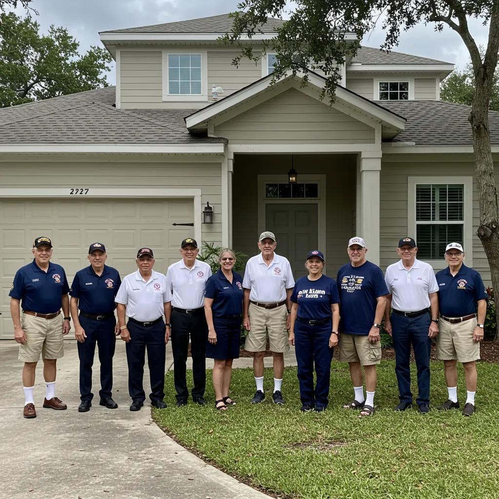 Group of diverse veterans in front of a Florida home, symbolizing community support and homeownership opportunities