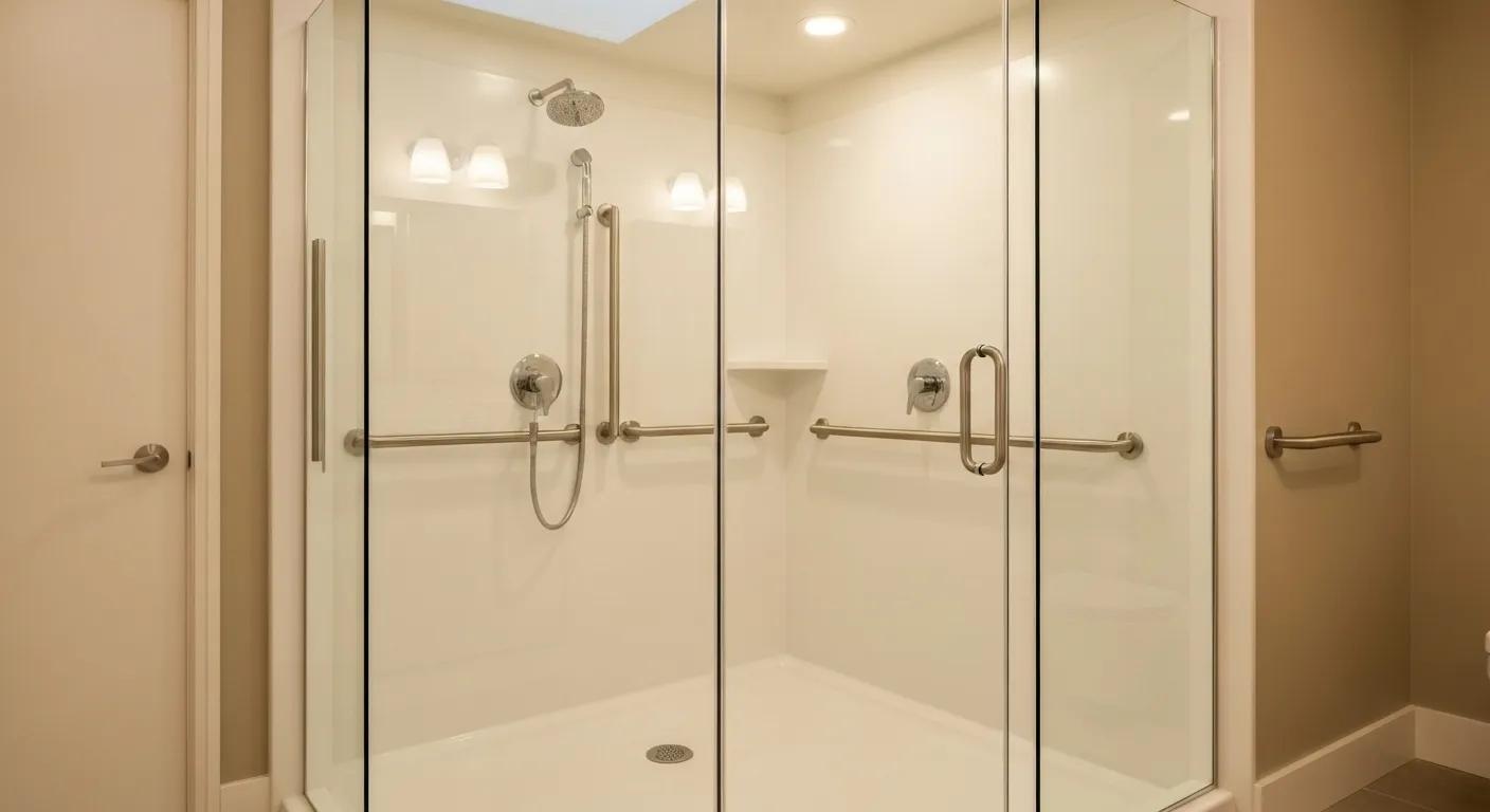 Modern bathroom with grab bars and non-slip flooring for enhanced safety