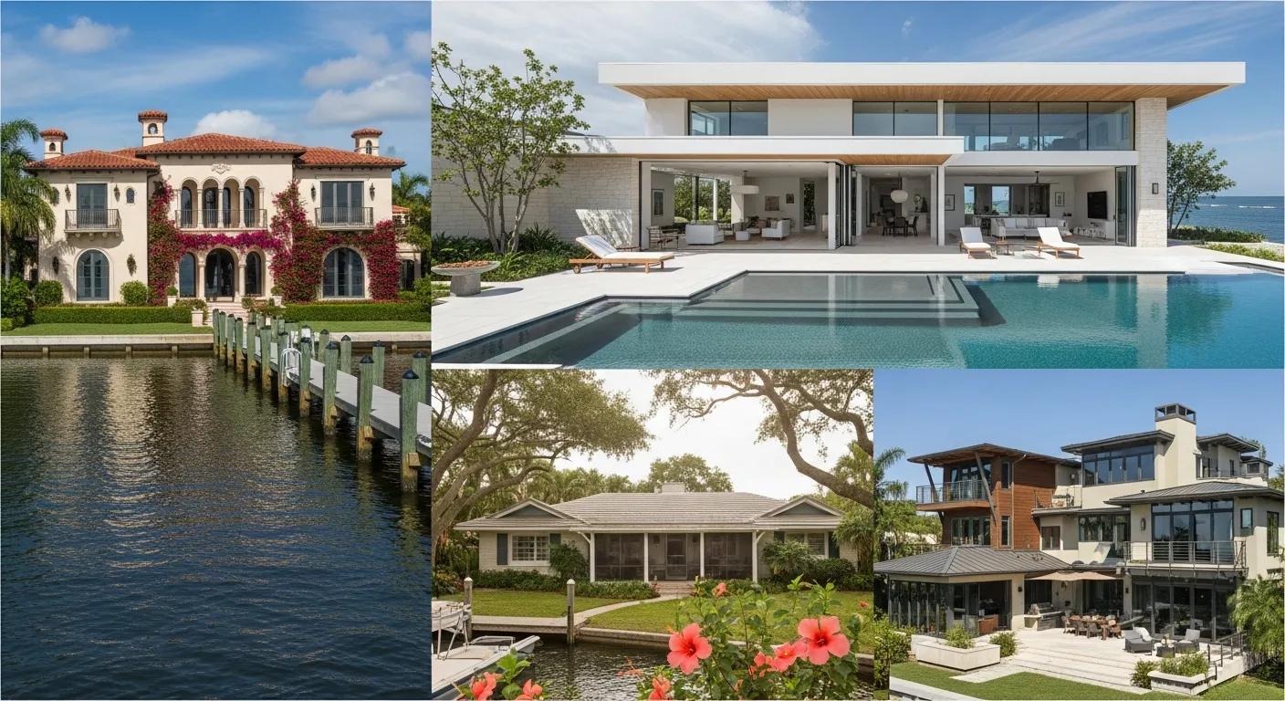 4bccfdd2-d6c6-4626-8b37-872a501af3ec.webp show a mult image picture showing 4 styles of the Key Types of Sarasota Waterfront Homes