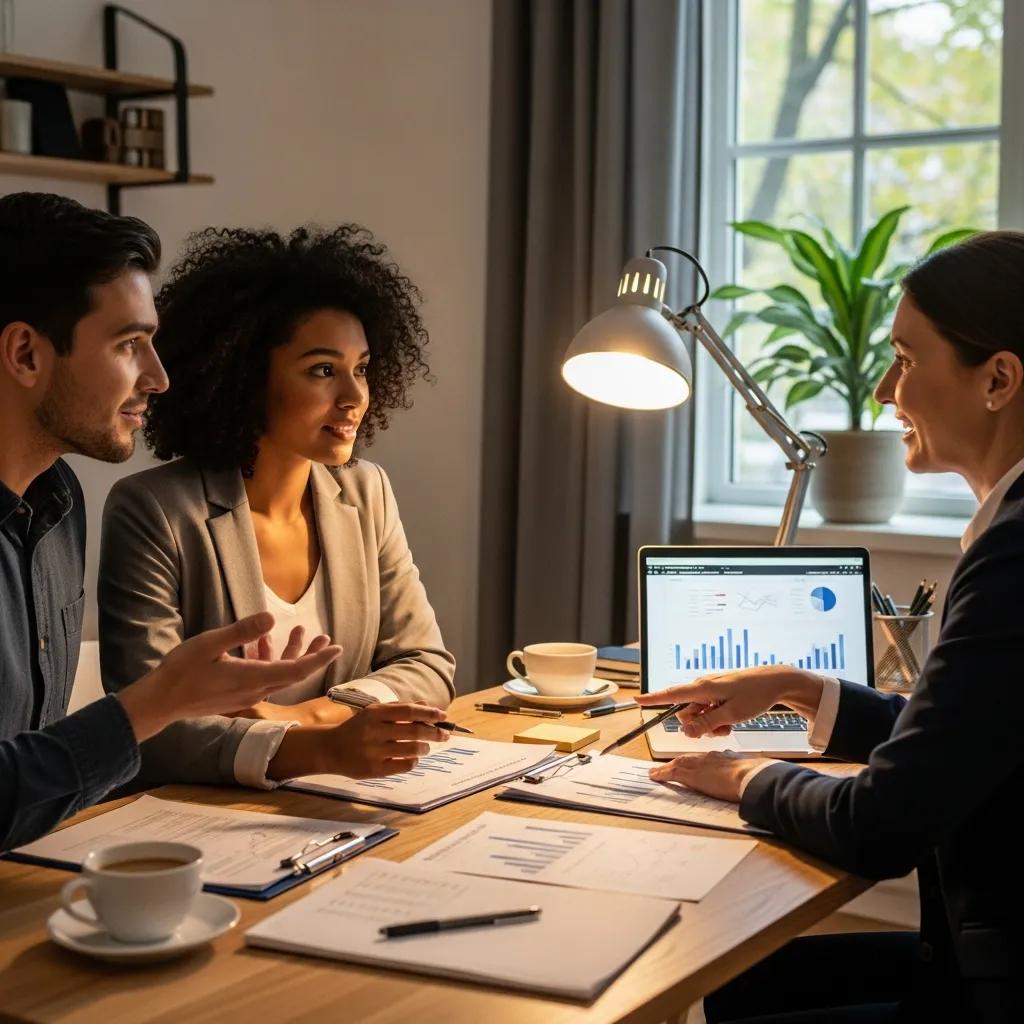 Couple discussing financing options with a mortgage advisor, highlighting the home buying process