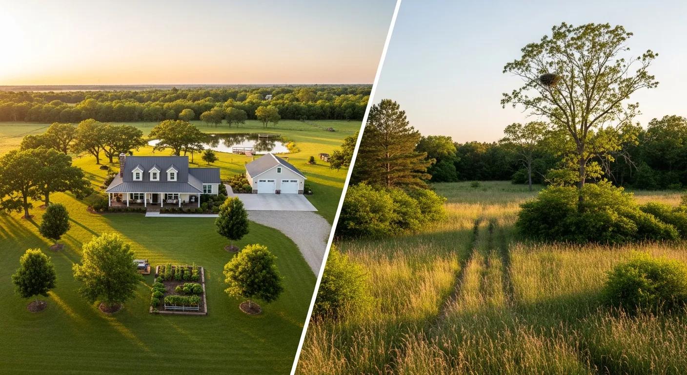 a side by side image - a rural home on a large 2 acre lot, and a 6 acre undeveloped lot