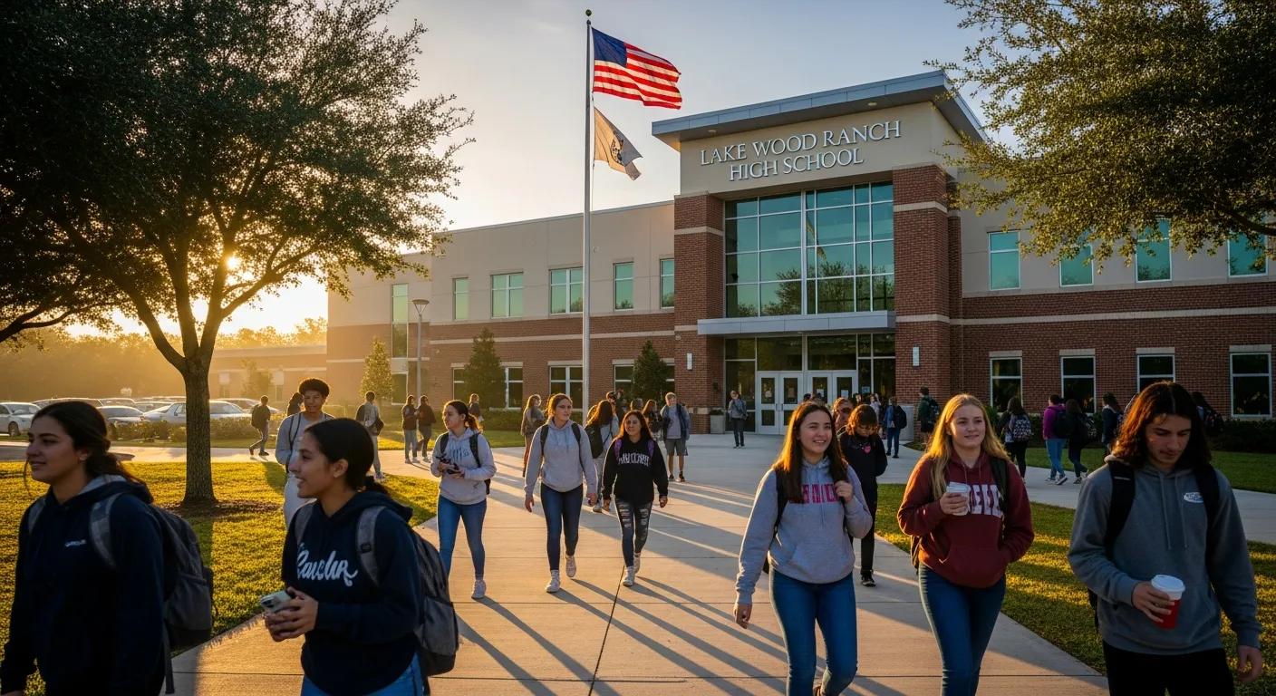 Lake Wood Ranch High School in the morning as students are walking in to begin the day