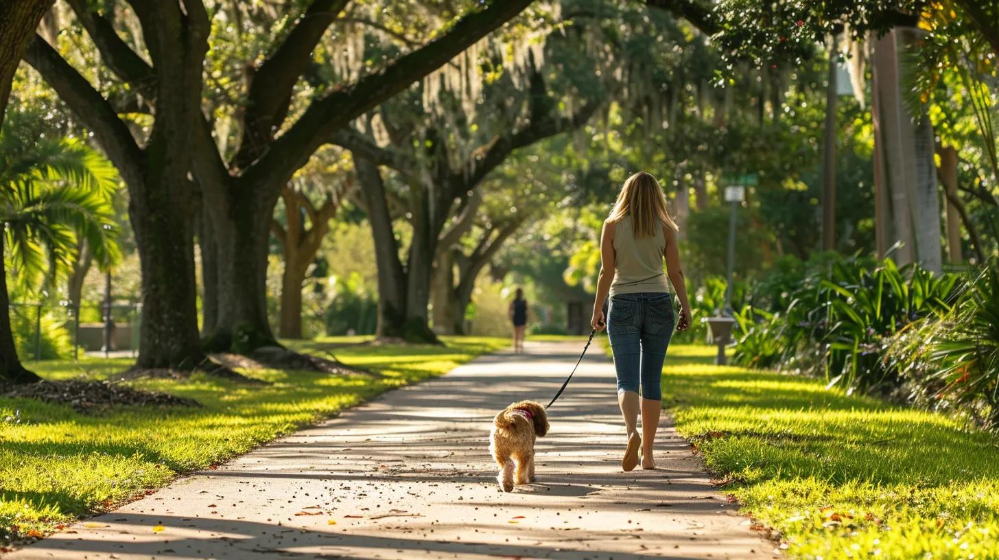 Walking your pet dog on a leash in a sarasota park