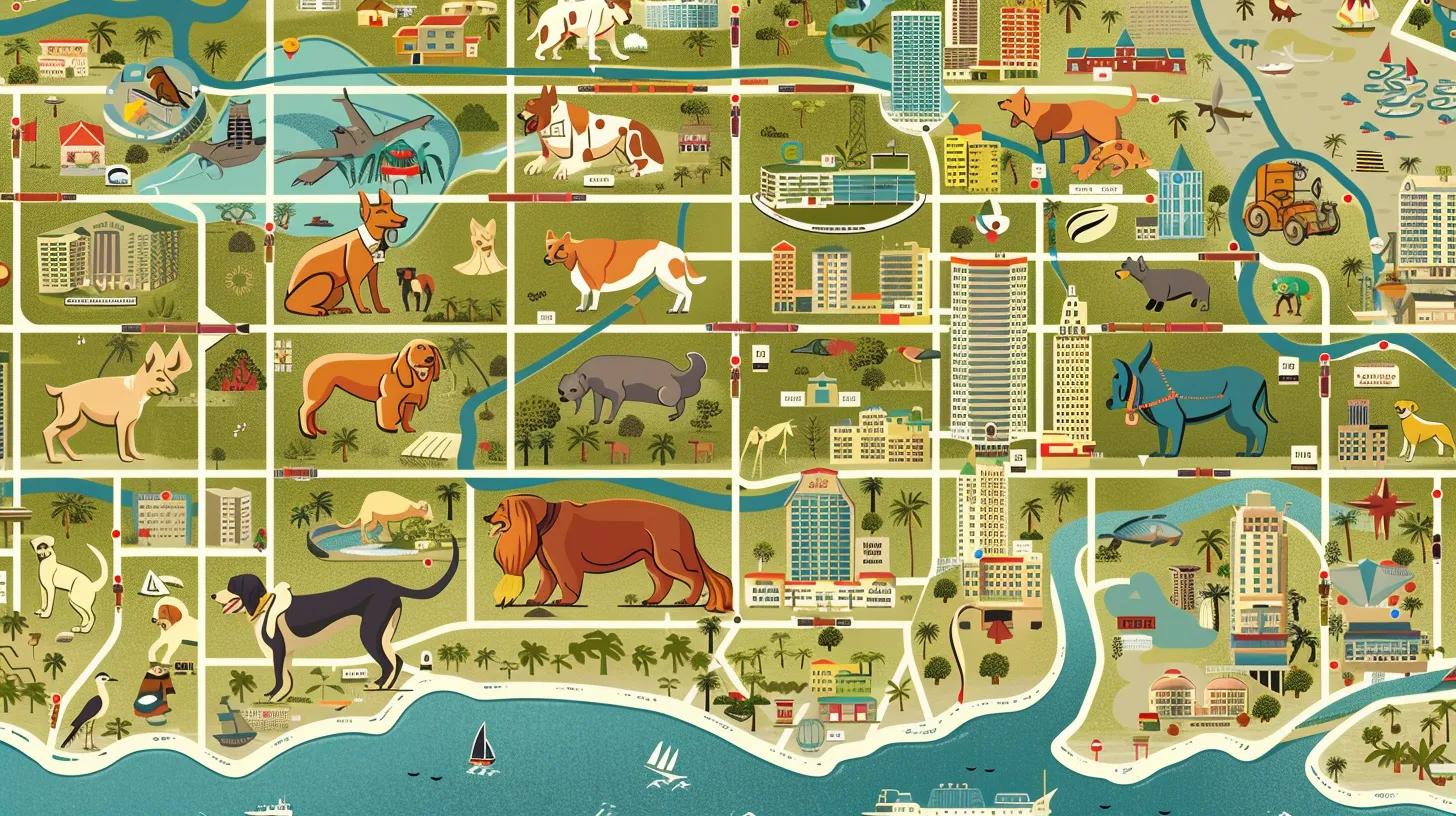 a sarasota map, mostly unreadable, but with a handful of small dog icons showing dog friendly condos