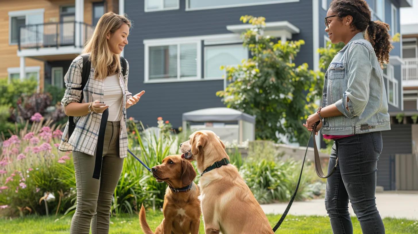 Show a female realtor with her dog, talking to a potential couple with their dog also on a leash - pointing to a condo
