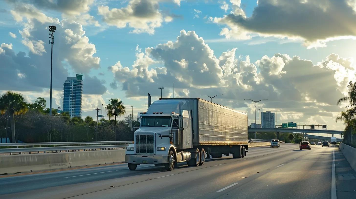 a large moving truck on the interstate in florida, passing through a city