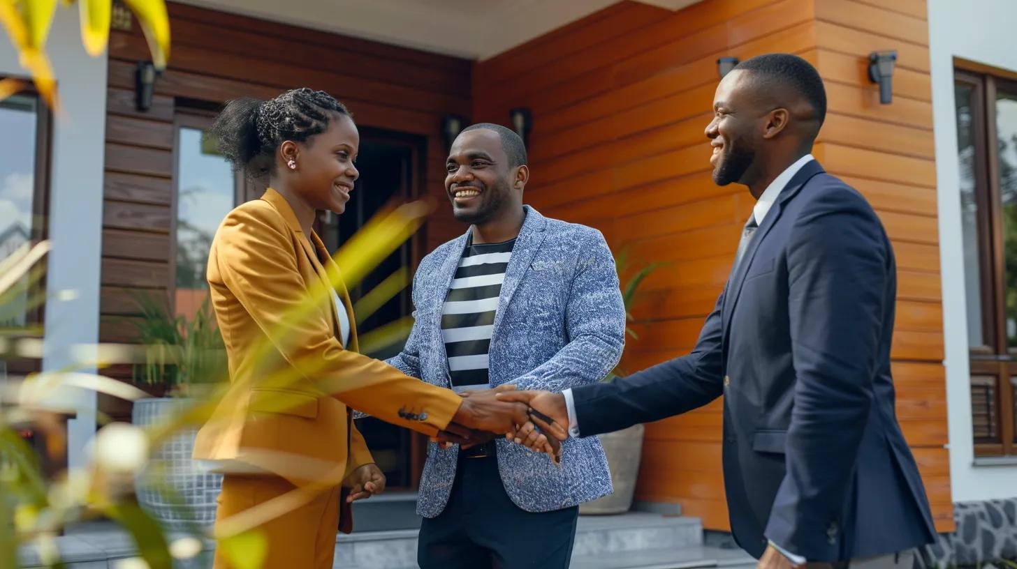 happy homeowners shaking hands with realtor in front of a bank