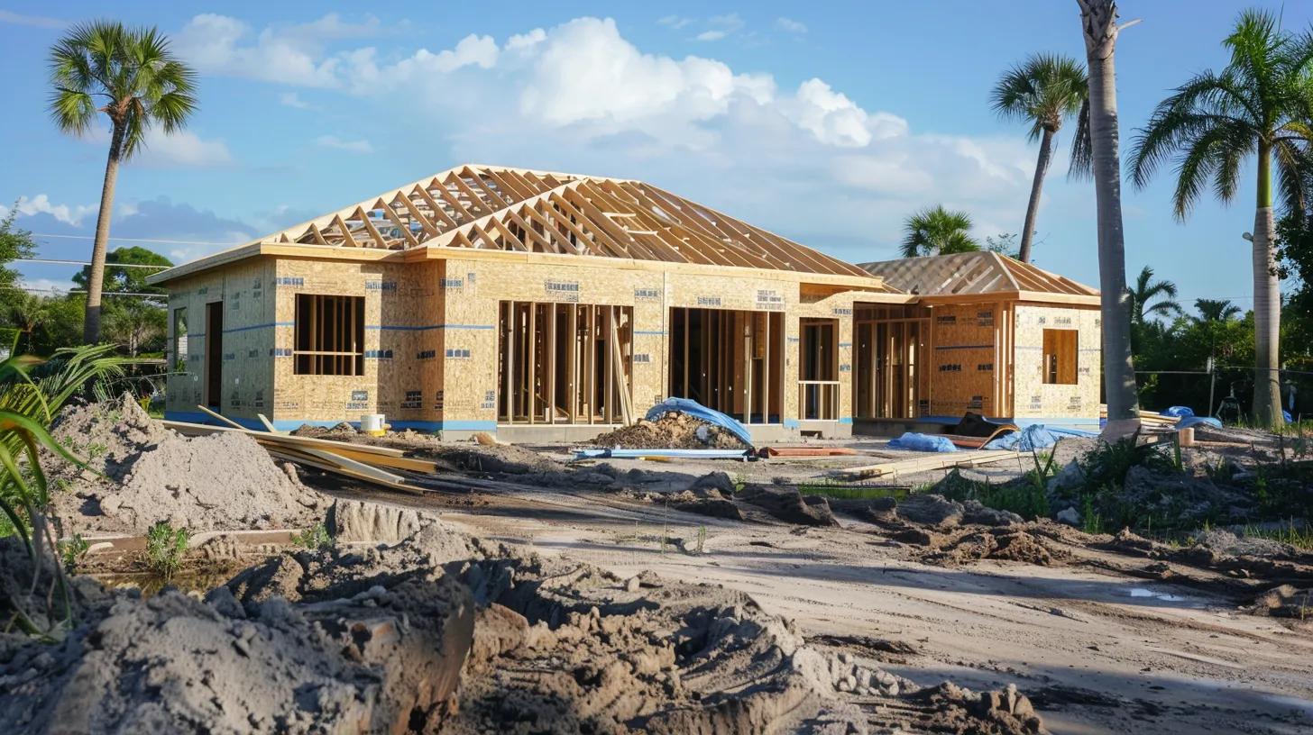 a new florida home being built - framed, but not completed with workers in the home