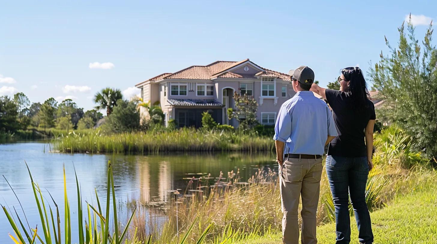 a Morgando Realty Services agent talking to a potential home buyer, standing near the home pointing to the water behind the home