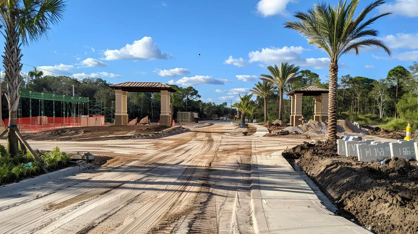 The entrance to a lakewood ranch gated community under construction