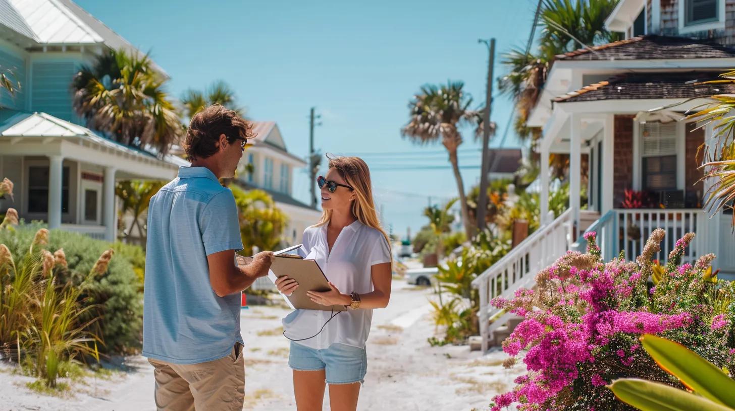 A Morgando Realty Services  Realtor standing near an Anna Maria Island beach home clipboard talking to a buyer