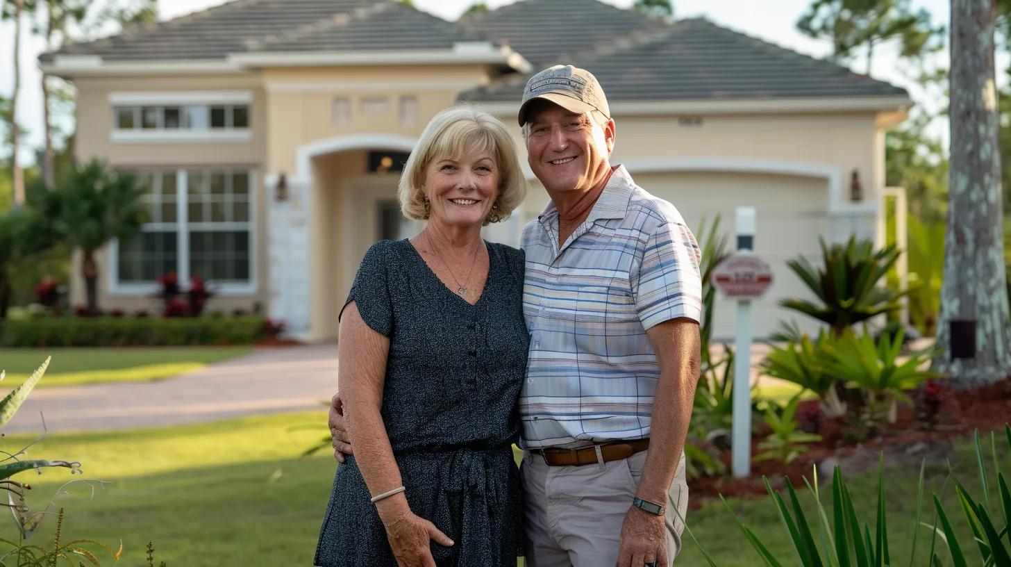 A 40 year old couple, standing in front of a Laurel Florida new home development