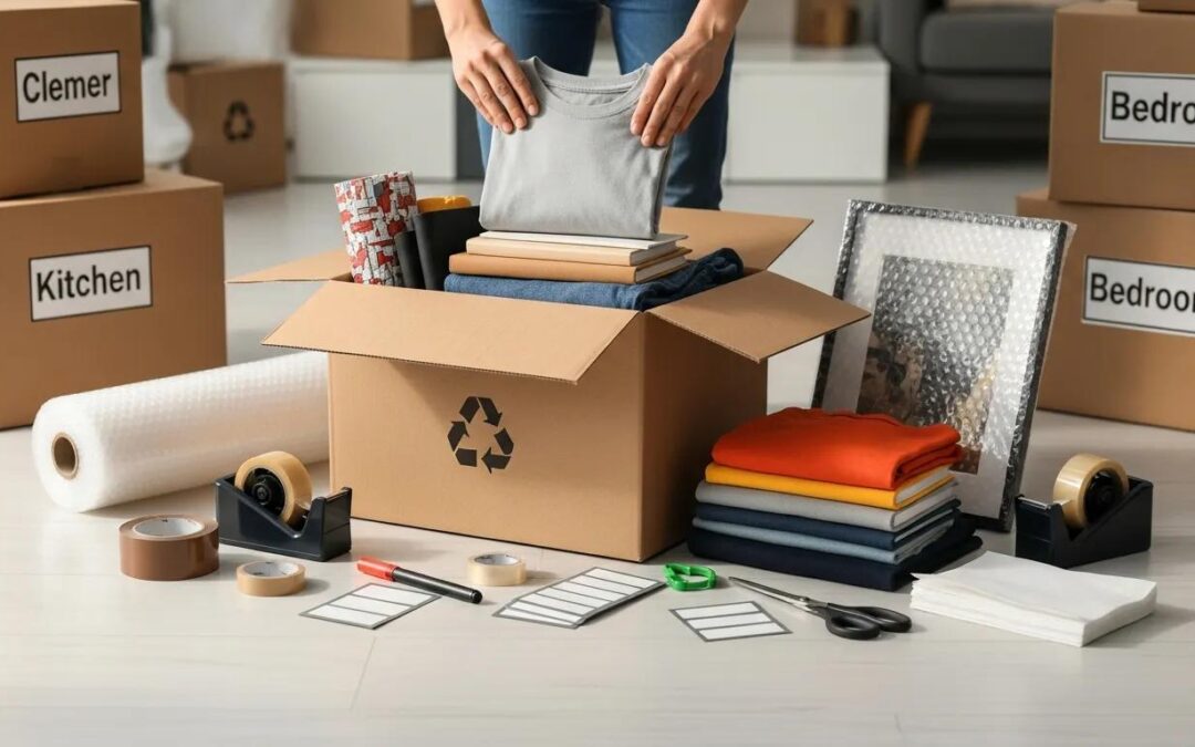 Person packing clothes into a cardboard box surrounded by packing materials and labeled boxes, illustrating efficient packing tips for a damage-free move.