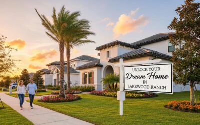 Couple walking in Lakewood Ranch neighborhood with palm trees and homes, sign reading "Unlock Your Dream Home in Lakewood Ranch."