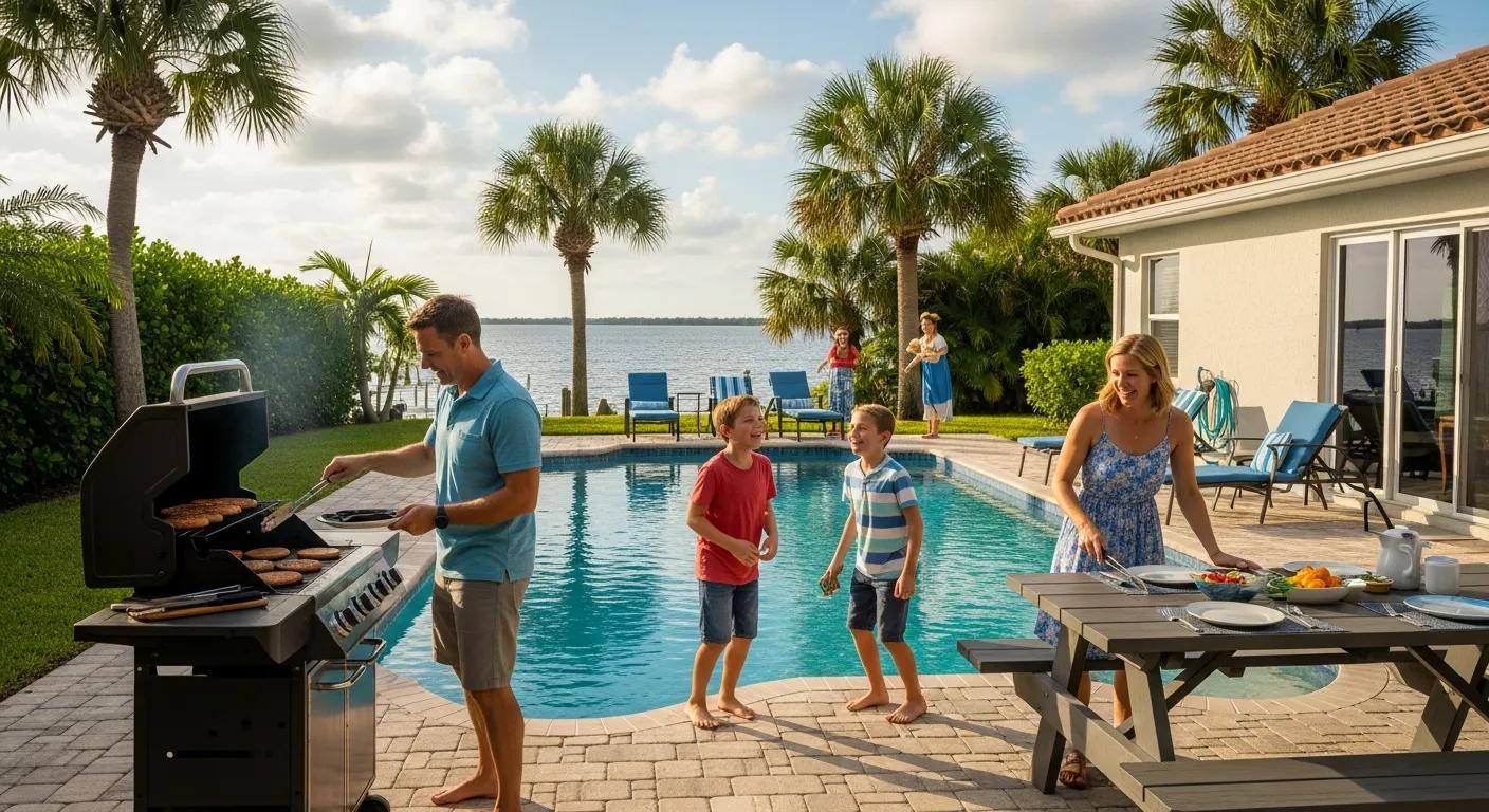 A family in Terra Ceia Florida enjoying a BBQ in the back yard overlooking their pool