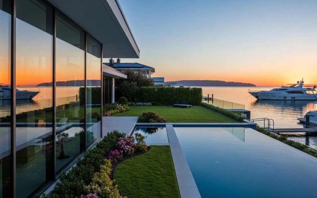 Luxury waterfront home with a pool, lush landscaping, and sunset view over the water, showcasing coastal living in Florida real estate.