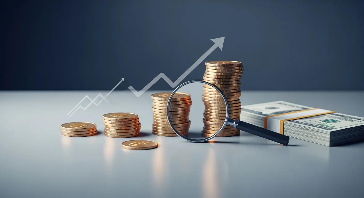 Coins stacked with a magnifying glass and bundled cash, symbolizing earnest money deposits and financial commitment in real estate transactions.