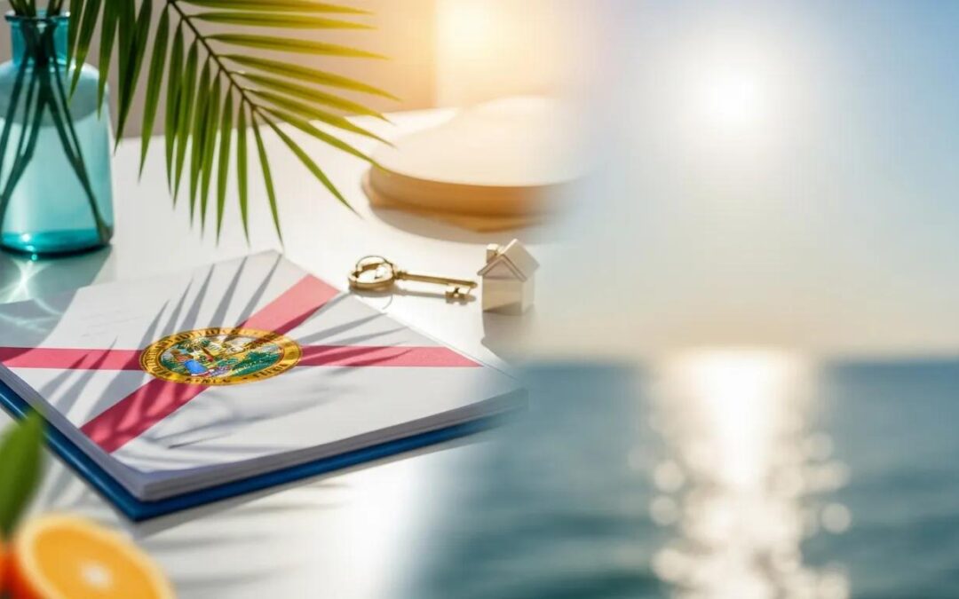 Florida real estate documents with state seal, house key, miniature house, and palm leaves, symbolizing property ownership and rental essentials.