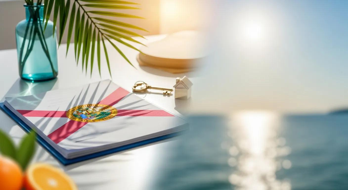 f4b71c16-7741-4d2d-915f-6dd5d46dbdfe.webp Florida lease agreement document with state seal, key, and house model, symbolizing landlord-tenant rights and responsibilities in rental contracts.