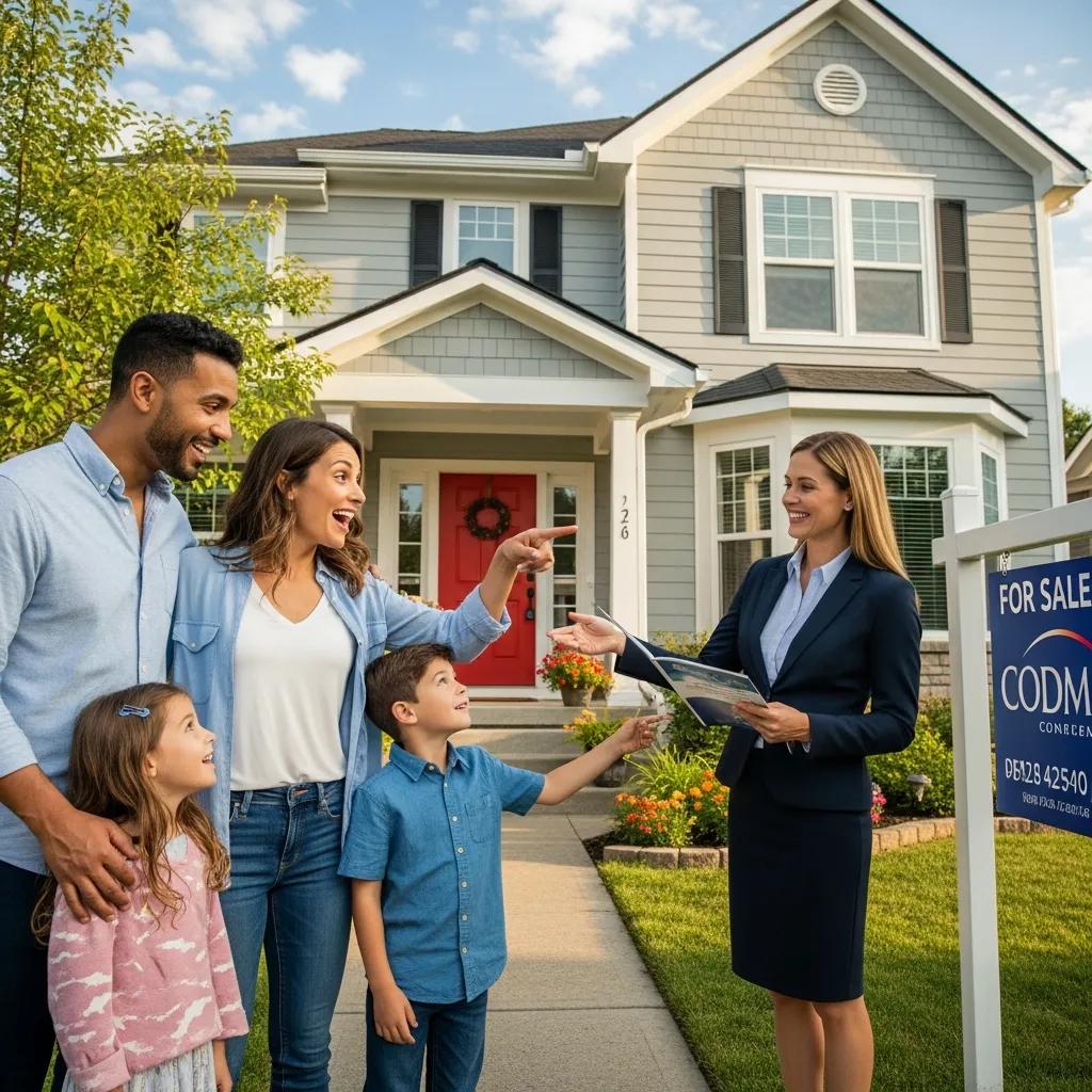Family with a real estate agent reviewing a home — representing the buying process
