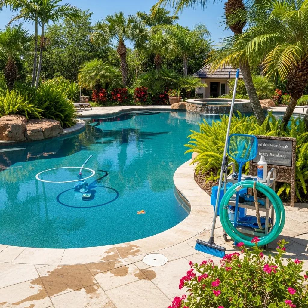 Luxurious swimming pool with elaborate landscaping illustrating maintenance challenges