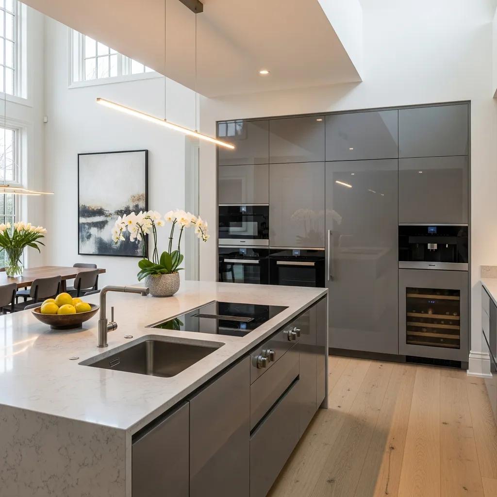 High-end kitchen featuring smart appliances, quartz countertops, and an open layout