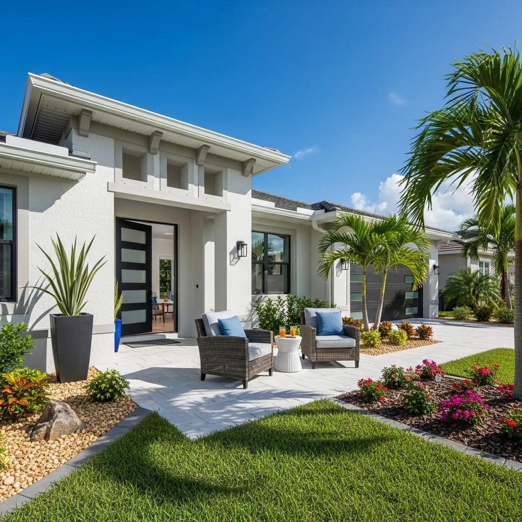 Modern home in Sarasota with attractive landscaping and inviting exterior