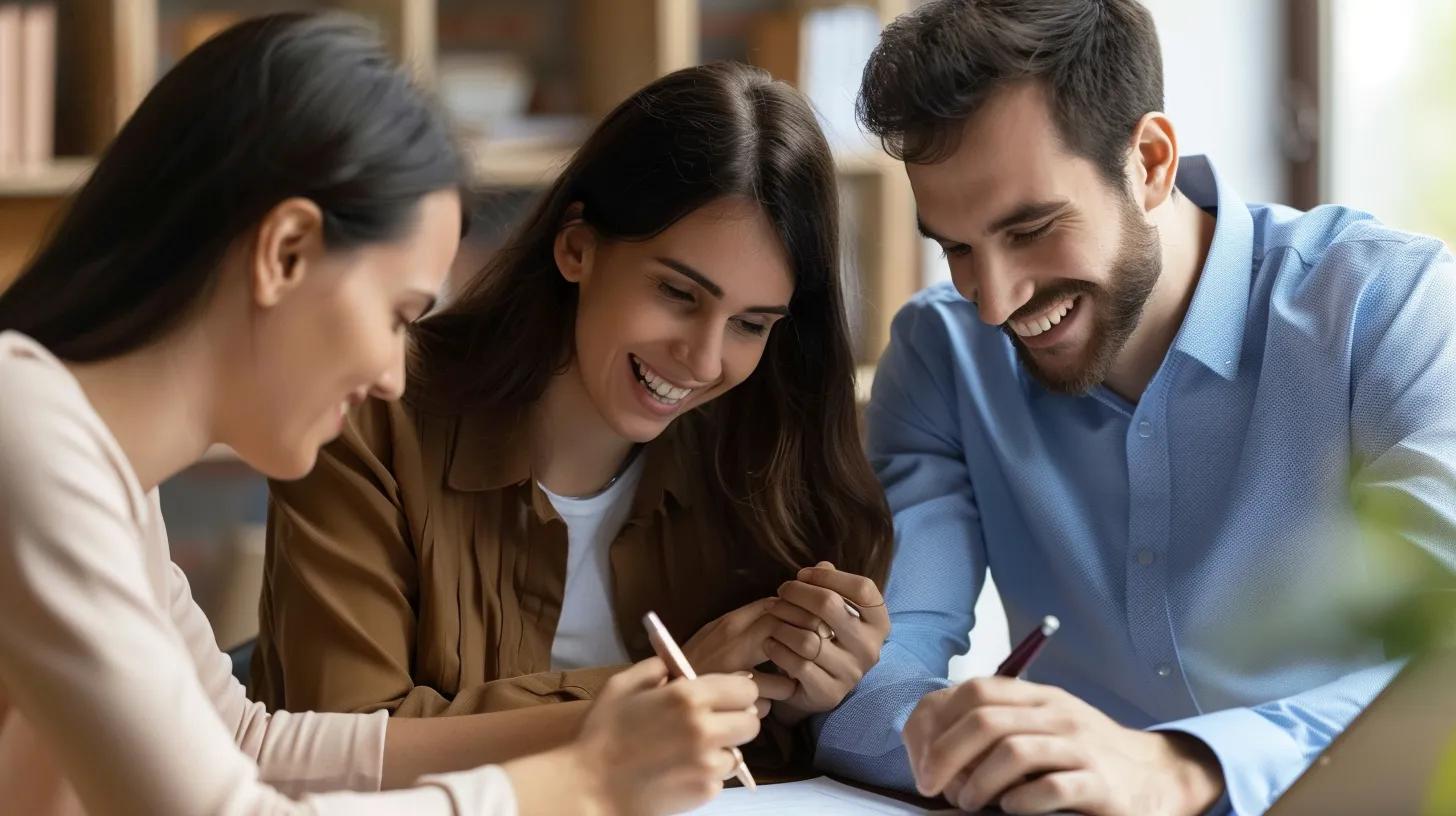 The happy couple signing the closing documents on their home with the mortgage broker, realtor, and lawyer