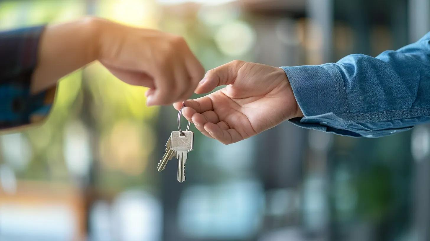 Close up of the realtor handing the new home keys to the buyer after the closing