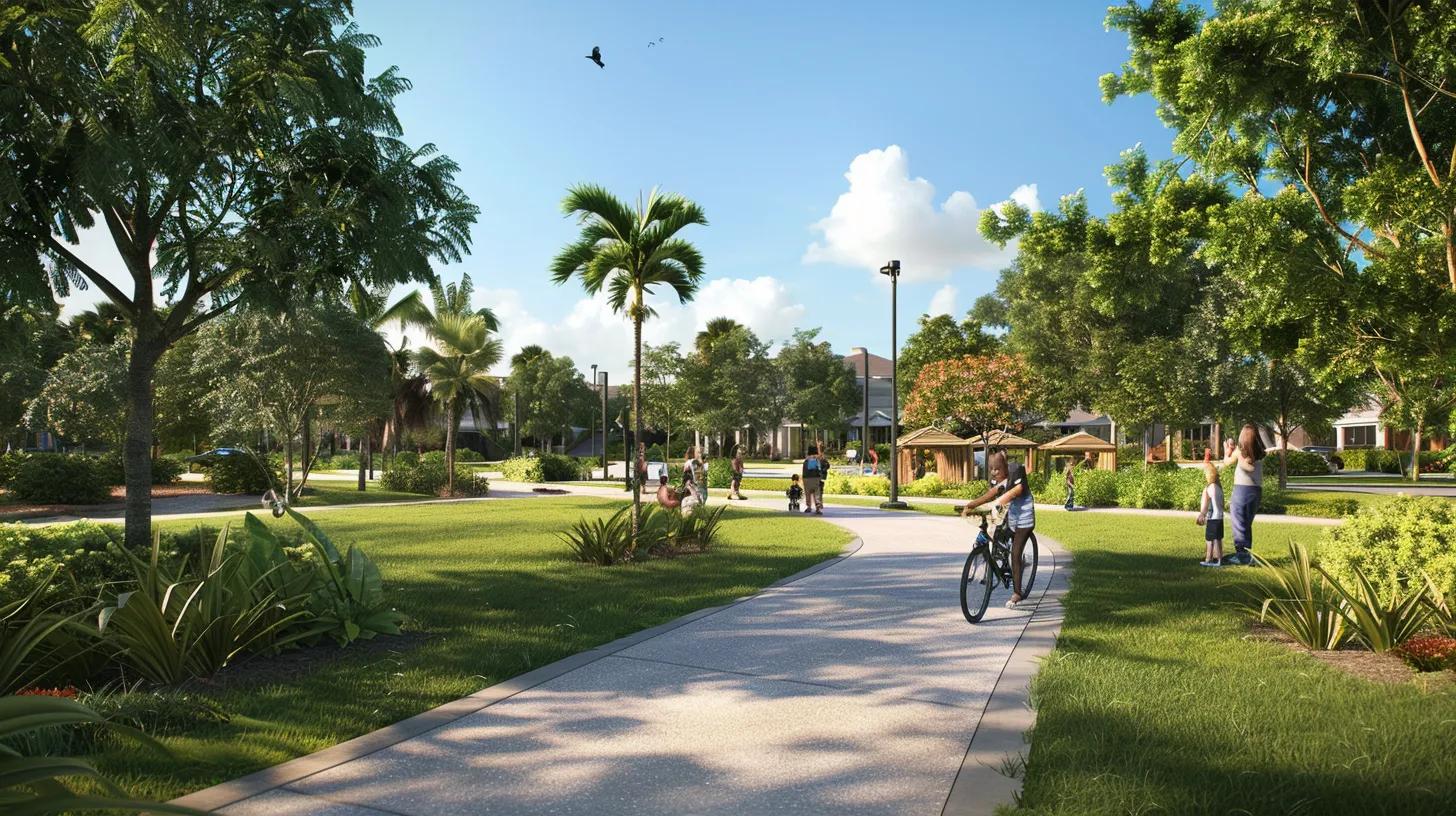 a top sarasota community with people walking a dog, and children on bikes