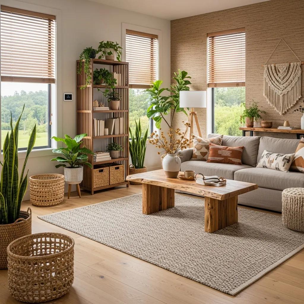 Eco-friendly living space with sustainable decor elements and natural materials