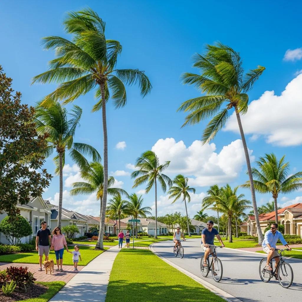 Vibrant Florida neighborhood with palm trees and families enjoying outdoor activities