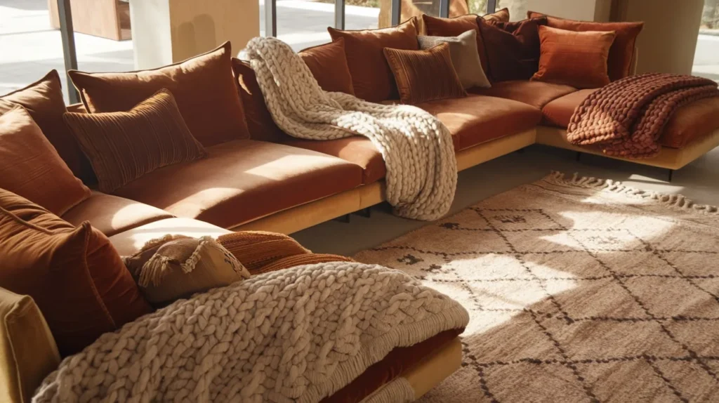 Cozy living room with a large sectional sofa, decorative pillows, and a textured rug.